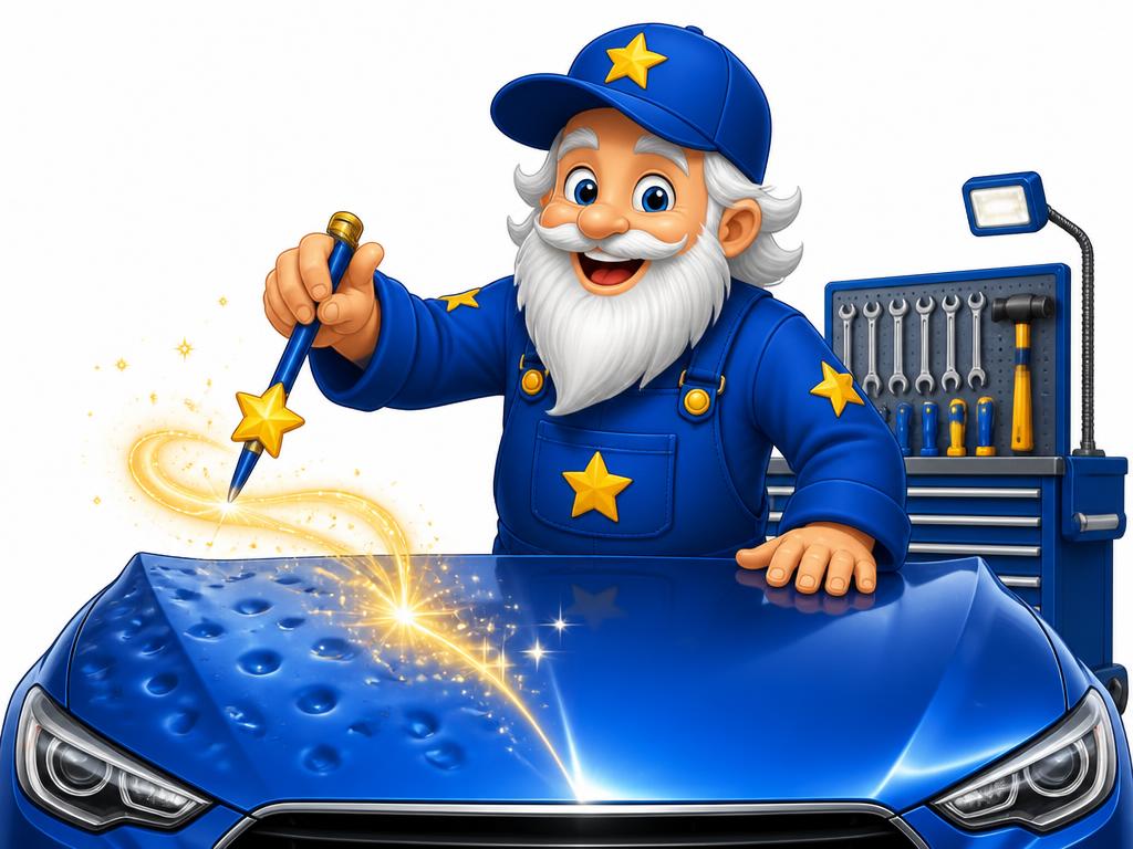 Presto wizard mascot using a magic wand to repair hail dents on a car hood